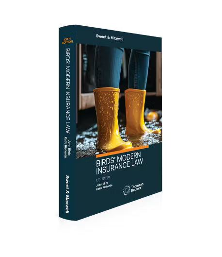 Book titled 'Birds' Modern Insurance Law' with a cover showing yellow boots in water.