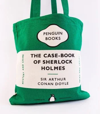 A green canvas tote bag styled to look like a Penguin Books book cover for 'The Case-Book of Sherlock Holmes' by Sir Arthur Conan Doyle, shown against a plain white background.