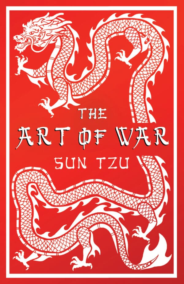 Book Cover The Art of War, by Sun Tzu - Chinese Dragon in white on a red background. University of Glasgow Bookshop