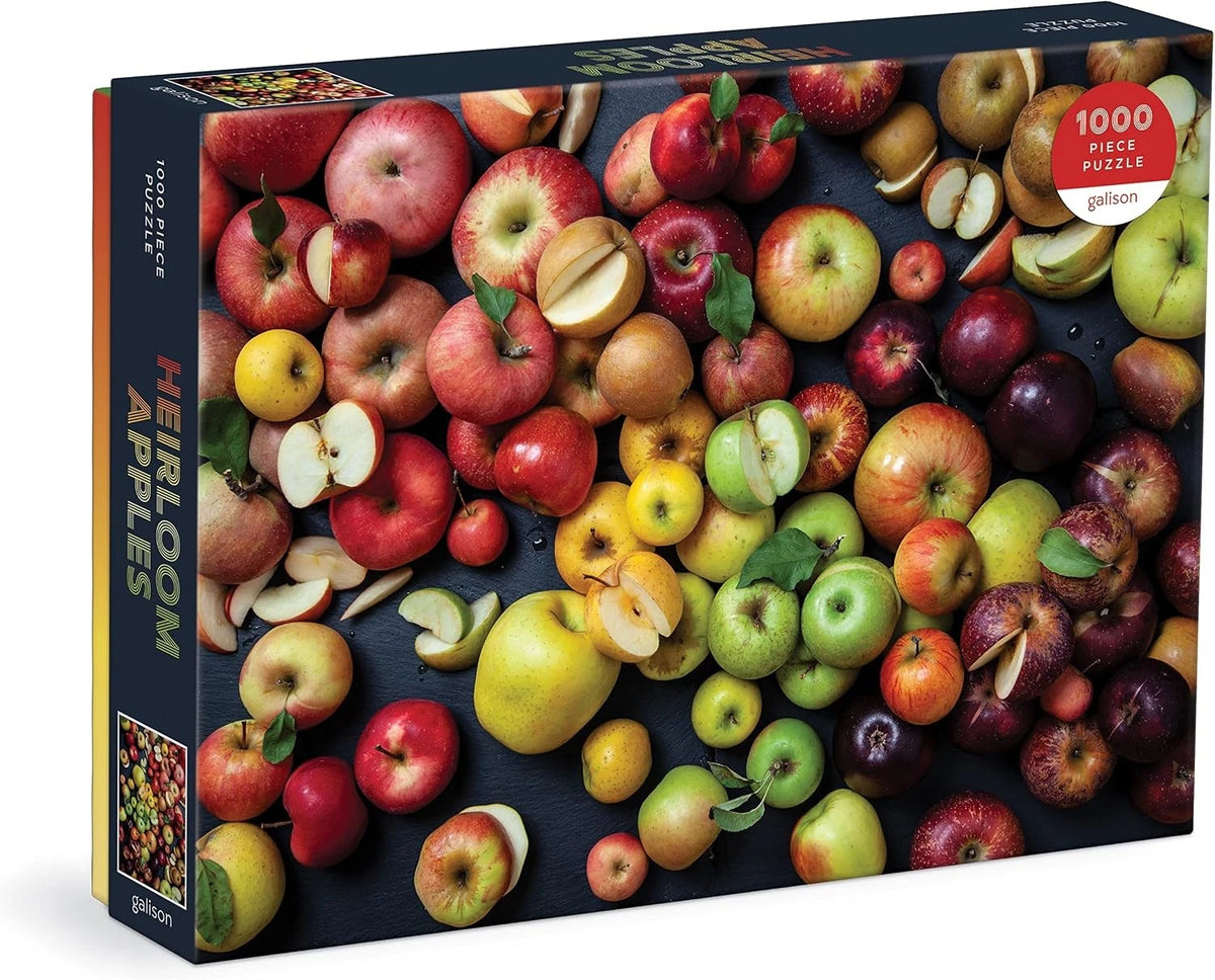 1000 piece jigsaw - features an assortment of heirloom apples on a black background