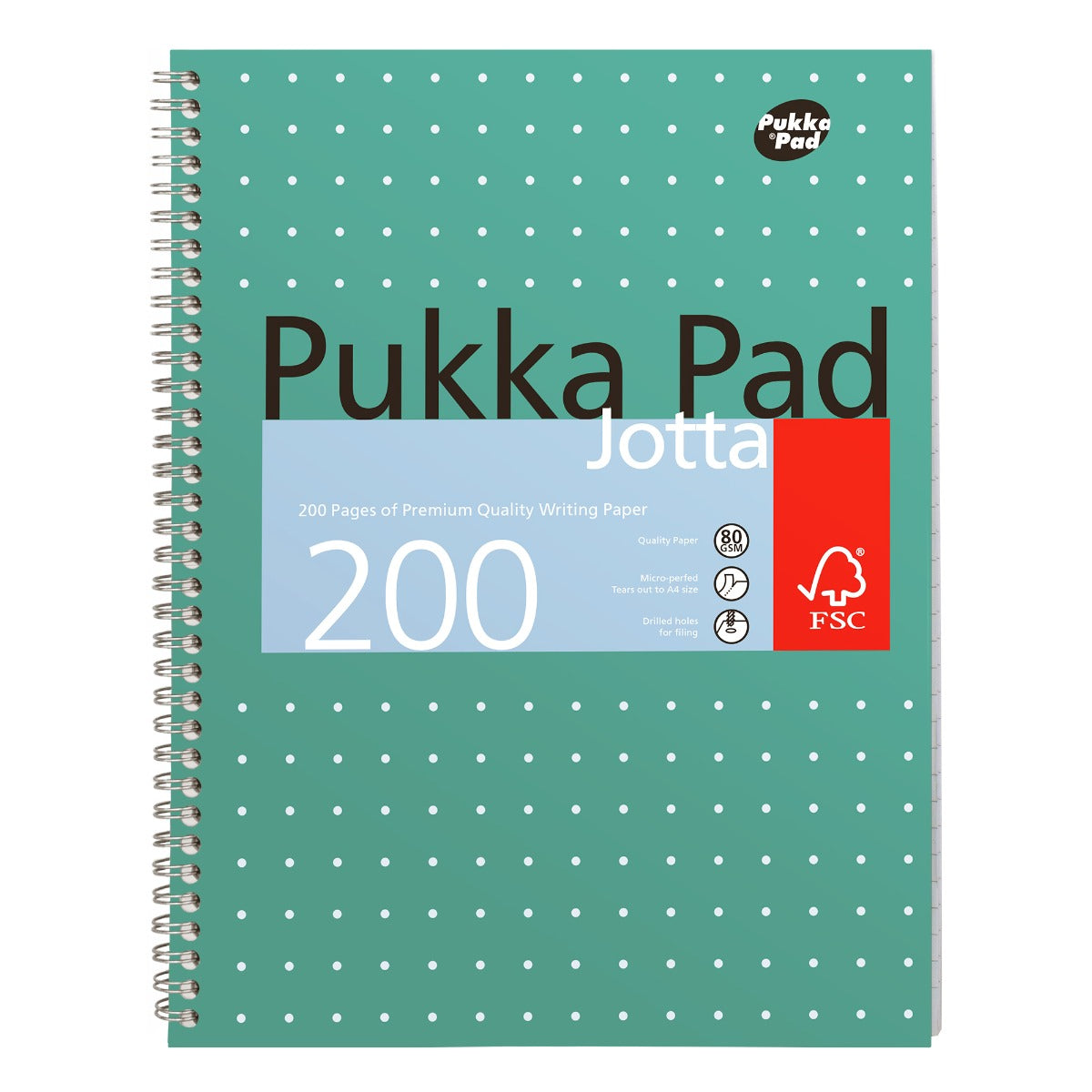 Pukka Pad Jotta notebook with green cover and white polka dots on a white background