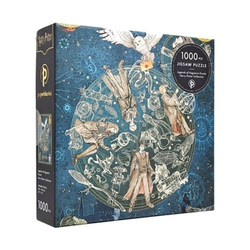 Harry Potter 1000-piece jigsaw puzzle box featuring a detailed celestial illustration with characters and magical elements on a dark blue background.