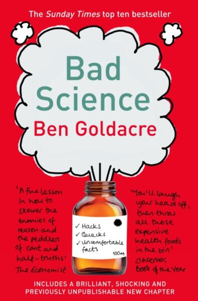 Book cover of 'Bad Science' by Ben Goldacre with a red background and white text.