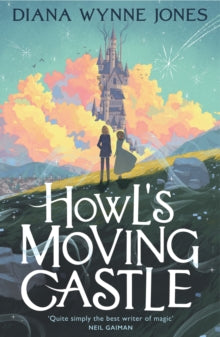 Book cover of 'Howl's Moving Castle' by Diana Wynne Jones with a castle and person in the background.