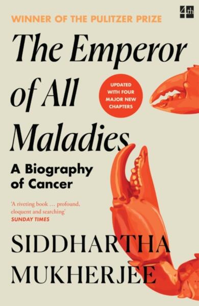 Book cover of 'The Emperor of All Maladies' by Siddhartha Mukherjee with crab illustration.