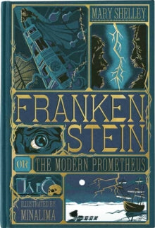 Book Jacket Frankenstein by Shelley. multiple pictures in squares of an eye, lightning, a tower and a ship feature on the cover.