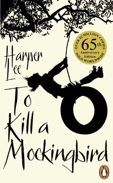 Book cover of 'To Kill a Mockingbird' with a silhouette of a child on a tree branch.