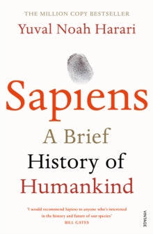 Book Jacket, Sapiens by Harari features a fingerprint on a cream background