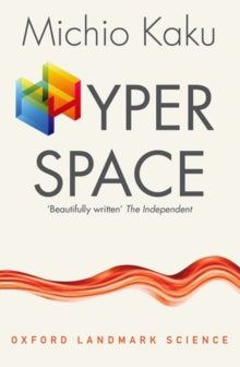 Book Jacket Hyper Space by Kaku features a red wavy line with a multicoloured chair like item on a cream background