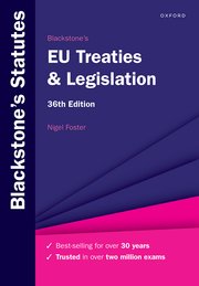 Book Cover Blackstone's EU Treaties & Legislation, purple cover with pink bottom section.