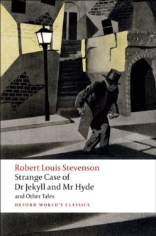 Book cover of 'Strange Case of Dr Jekyll and Mr Hyde' by Robert Louis Stevenson with a stylized illustration of a man walking.