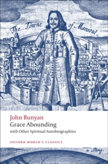 Book cover of 'Grace Abounding' by John Bunyan with a historical illustration on a blue and white background.
