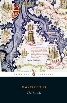 Book cover of 'The Travels' by Marco Polo with decorative map design.