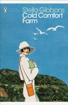 Book cover of 'Cold Comfort Farm' by Stella Gibbons with a woman in a hat and dress against a blue sky.
