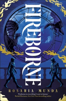 Book Jacket Fireborne by Rosaria Munda. two people walking towards each other on a balcony with a round window behind them which features dragons