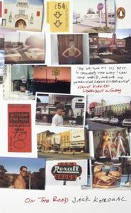 Book Cover of On the Road by Jack Kerouac. Collage of various photos and text on a white background