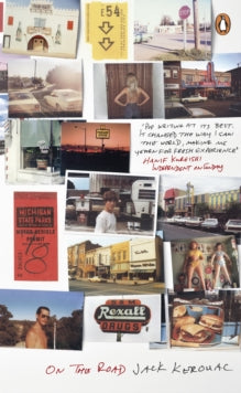Book Cover of On the Road by Jack Kerouac. Collage of various photos and text on a white background