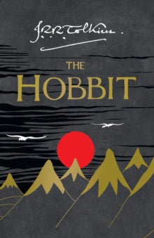 Book Jacket The Hobbit by Tolkien - drawing of a mountain range with a red sun and birds flying above.