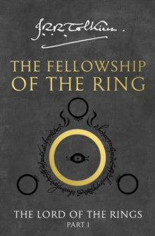 Book Jacket The Fellowship of the Ring by Tolkien - drawing of three circles around a larger gold ring.