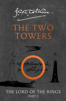 Book Jacket The Two Towers by Tolkien.  Drawing of two towers with an orange ring between them.