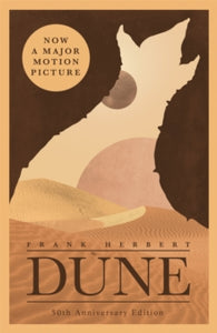 Book cover of 'Dune' with a silhouette of a desert landscape and sandworm.