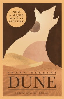 Book cover of 'Dune' with a silhouette of a desert landscape and sandworm.