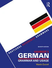 Book cover of 'German Grammar and Usage' by Martin Dumell with German and British flags on a blue background.