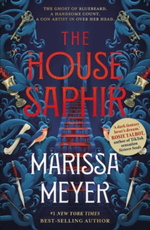 Book Jacket House of Saphir Marissa Meyer. stairway with blood dripping down it with blue florals at each side with keys, daggers and animals featured.