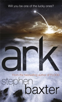 Book Jacket - Arc by Stephen Baxter. features what looks like a rocket being fired into the air from a point at top of world.