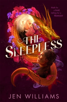 Book cover of 'The Sleepless' by Jen Williams with a fantasy design featuring dragons and a woman.