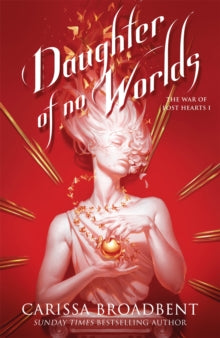 Book cover of 'Daughter of No Worlds' with a red background and woman's face.