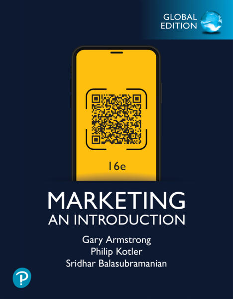 Front cover of the book 'Marketing: An Introduction Global Edition' showing a smartphone with a yellow QR code graphic on a dark navy background, with author names Gary Armstrong, Philip Kotler, and Sridhar Balasubramanian.