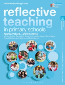 Book cover of 'Reflective Teaching in Primary Schools' with images of children and teachers on a blue background.