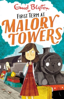 Book cover of 'First Term at Malory Towers' with a girl and train illustration.