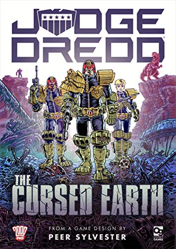 Front cover of the Judge Dredd comic/graphic novel 'The Cursed Earth' featuring illustrated armored characters in a sci-fi desert landscape, with the Judge Dredd title at the top and Peer Sylvester credit at the bottom.