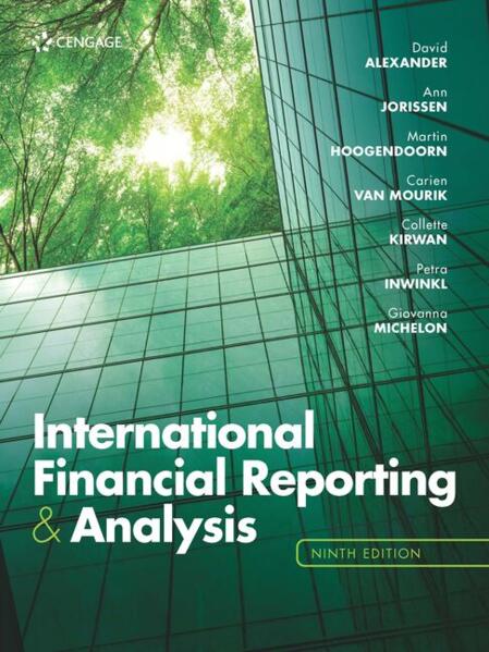 Book cover of 'International Financial Reporting & Analysis' with a modern building and trees in the background.