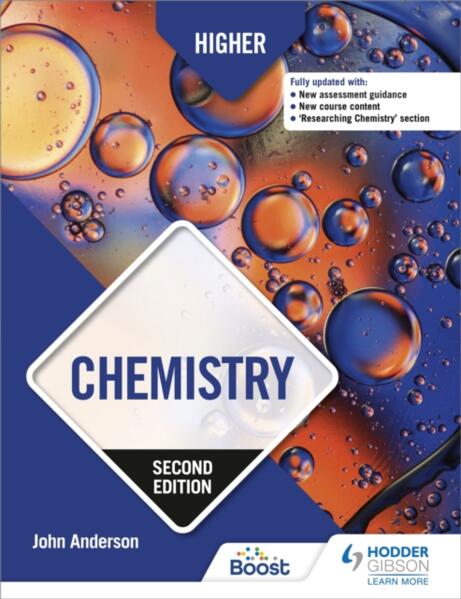 Chemistry textbook cover with colorful bubbles design and 'Higher Chemistry' text.