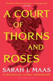 Book cover of 'A Court of Thorns and Roses' with a red background and intricate design.
