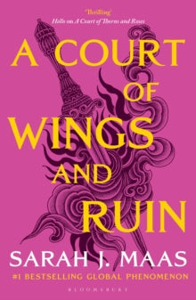 Book Jacket - A Court of Wings and Ruin by Sarah J Maas.  Cover features a dagger with cover in pink.