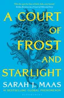 Book cover of 'A Court of Frost and Starlight' with an illustration of a flower on a blue background.