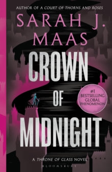 Book Jacket - Crown of Midnight by Sarah J Maas. picture of a stylised road running through a city with a woman with a sword pictures at the top of a keep.