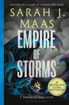 Book Jacket - Empire of Storms by Sarah J Maas. Stormy scene with a boat  on a blue and purple sea.