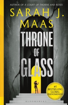 Book Jacket.  Throne of Glass by Sarah J Maas.  Woman featured in a doorway which is highlighted in gold, carrying a sword.