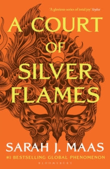 Book Jacket - A Court of Silver Flames by Sarah J Maas.  Picture of mask on an orange background with writing in yellow.