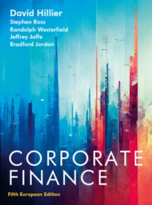 Book cover of 'Corporate Finance' by David Hillier, Stephen Ross, Randolph Westerfield, Jeffrey Jaffe, and Bradford Jordan with a colorful cityscape design.