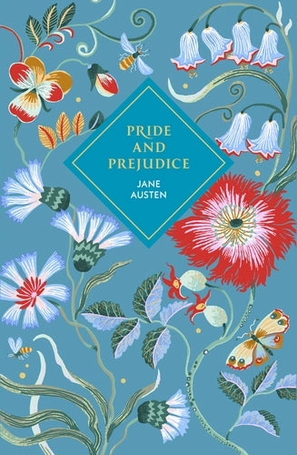 Book Jacket Pride and Prejudice by Jane Austen floral picture on blue background