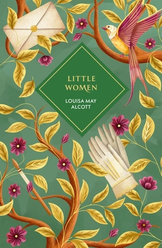 Book cover of 'Little Women' by Louisa May Alcott with decorative elements like flowers and a bird.