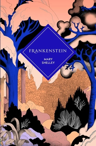 Book cover of 'Frankenstein' by Mary Shelley with a stylized forest design.
