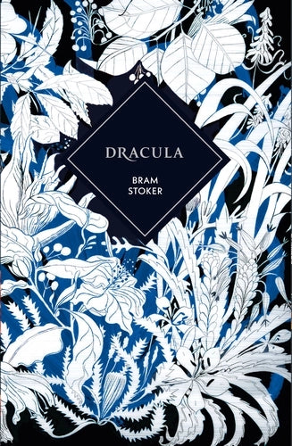Book Jacket Dracula by Bram Stoker white florals on a dark blue background