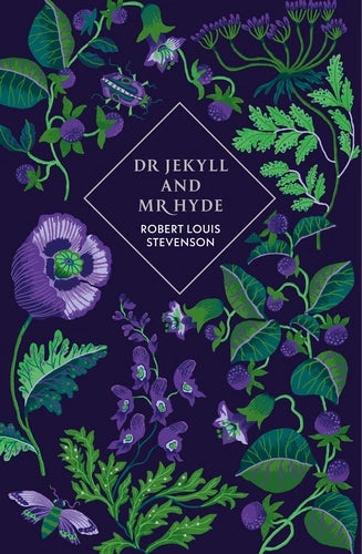 Book Jacket Dr Jekyll and Mr Hyde by Robert Louis Stevenson blue background with stylised green and purple flowers